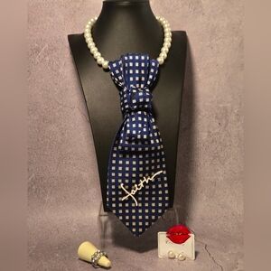 Pearl Strand Necklace with Navy Blue Check Bow Pendant